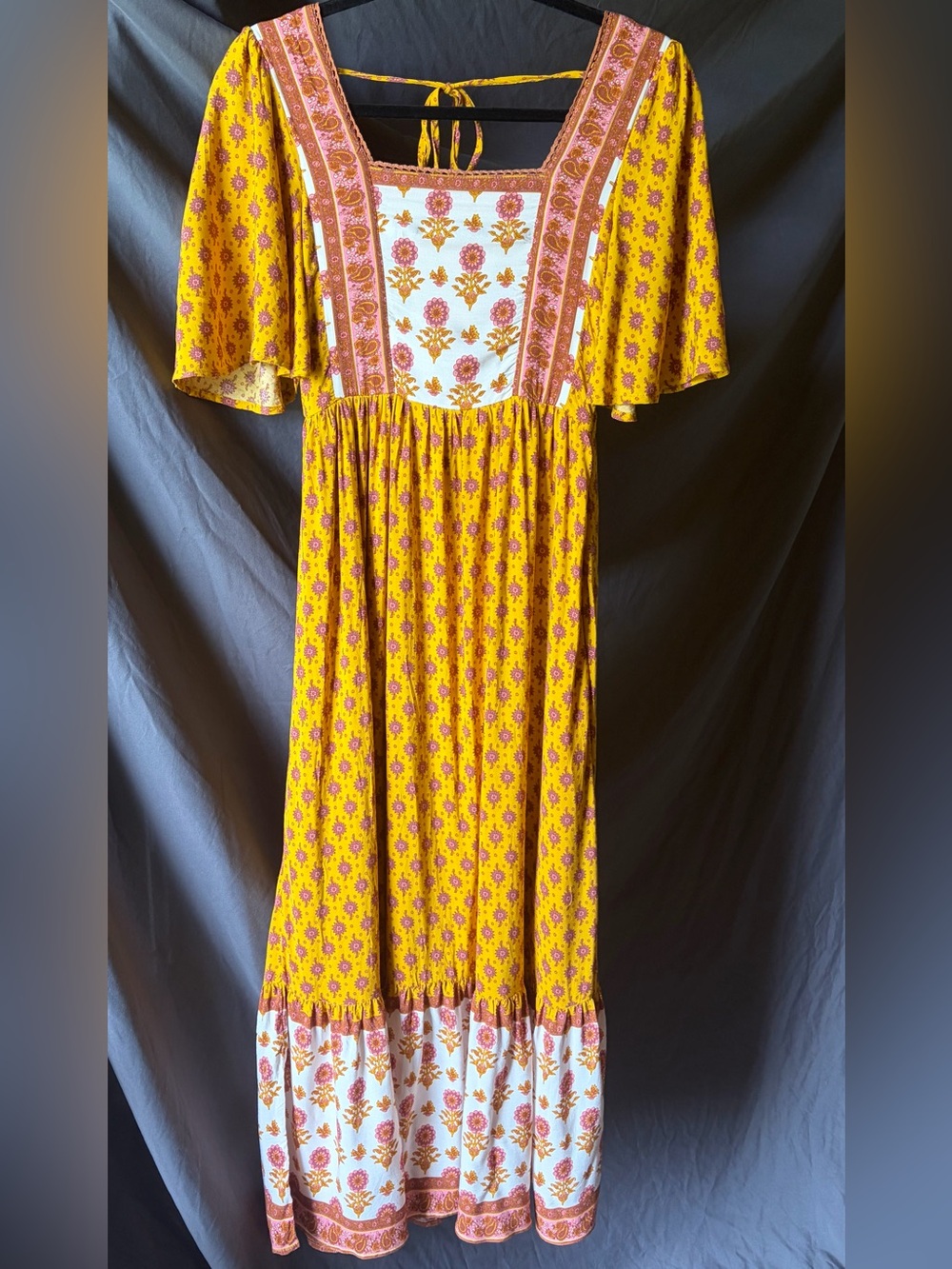 Bohemian Maxi Dress Floral Yellow Cottagecore Flutter Sleeves Pink Summer Small
